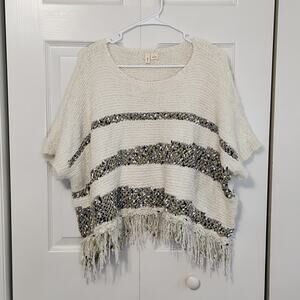 Anthropologie Moth Women's Cream Sweater Poncho Size Med Cropped Boxy Stripes